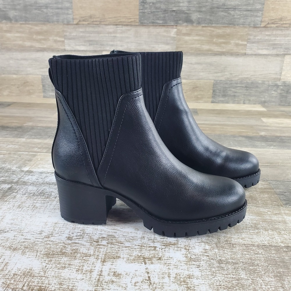 MIA Jasper Womens Lug Ankle Boots Sz 7.5 M Black Leather Ribbed Knit Cushioned